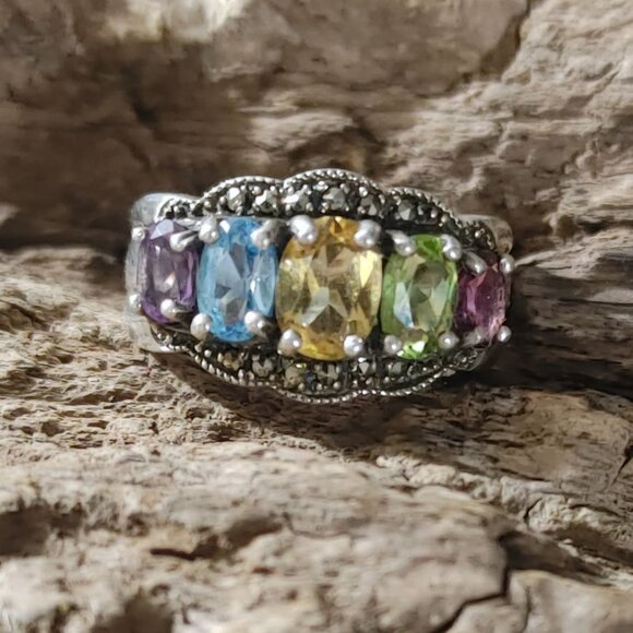 Sterling Jewelry - Vintage Marcasite Sterling Silver 925 Ring Prong Multi Colored Gemstones Stamped